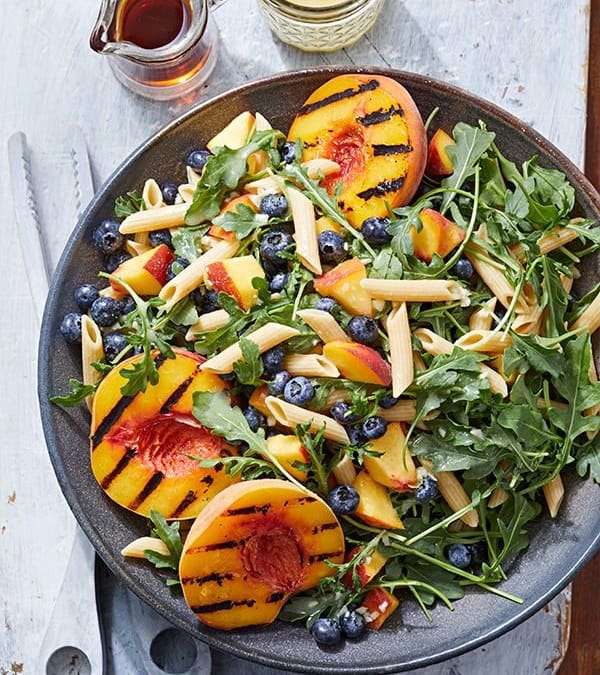 Vegan Pasta Salad with Grilled Peaches and Blueberry