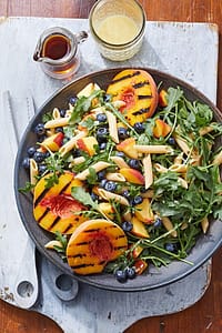 Vegan Pasta Salad with Grilled Peaches and Blueberry