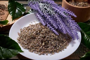 A pile of dried lavender flowers on a plate