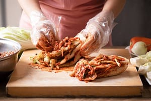 Traditional way of smearing Kimchi paste on the cabbage