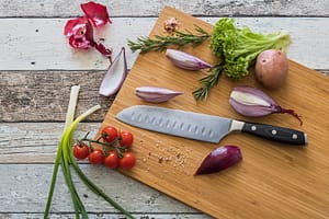 santoku knife, vegetables, onion, salad, potatoes