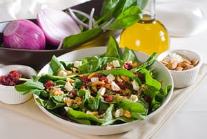 Farro Spinach Salad-air fried beets