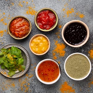 Indian assorted chutneys.