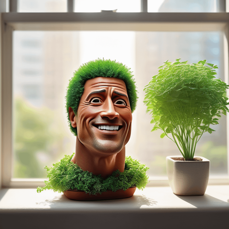 Chia pet shaped like Dwayne "The Rock" Johnson with sprouting greenery on a sunny windowsill.