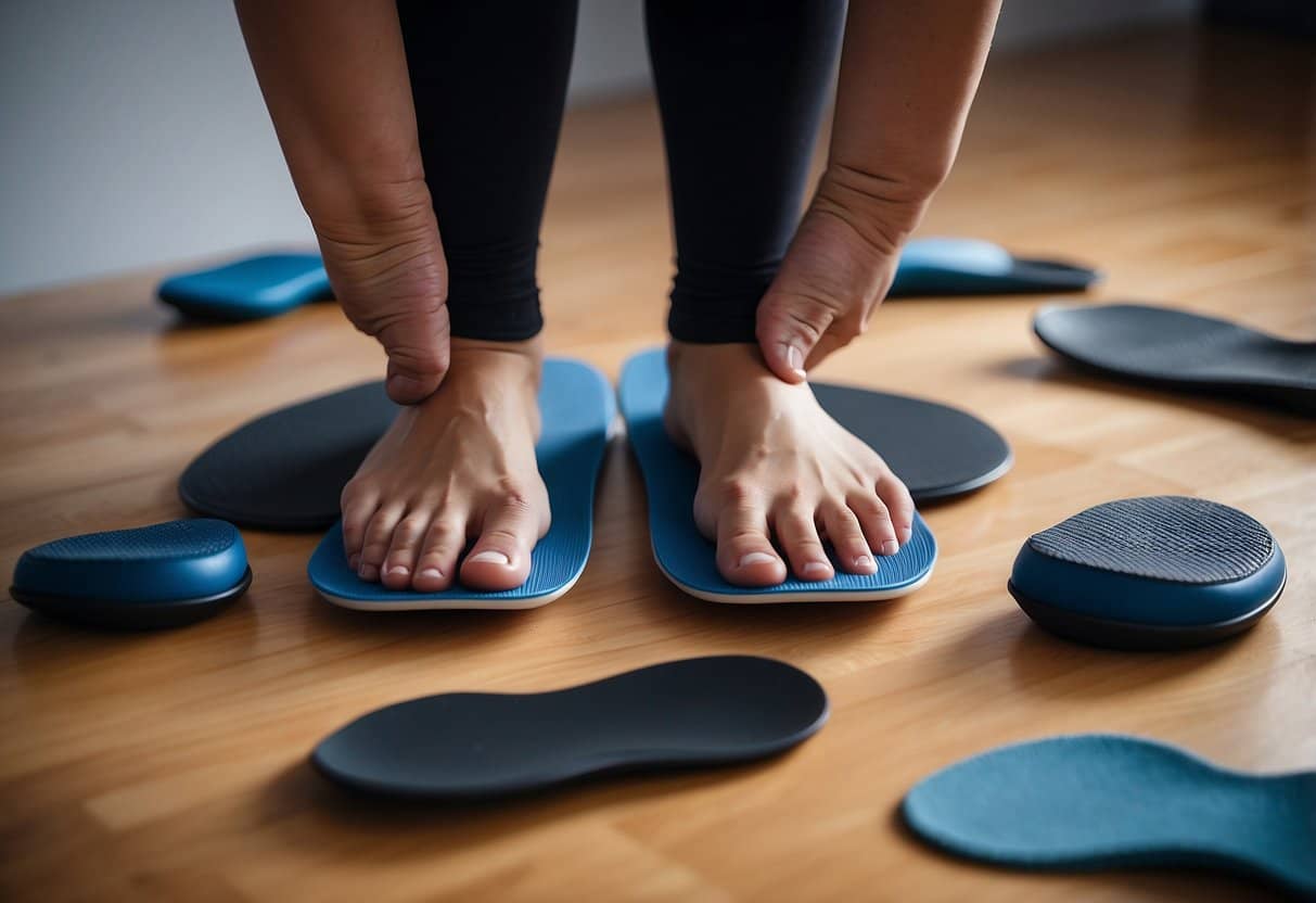 A person with flat feet stands on supportive insoles, surrounded by stretching bands and massage tools for pain relief