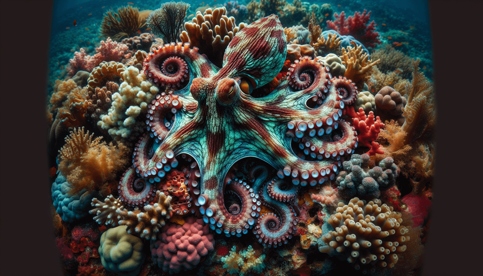 An octopus camouflaged among coral reef rocks using its color-changing skin