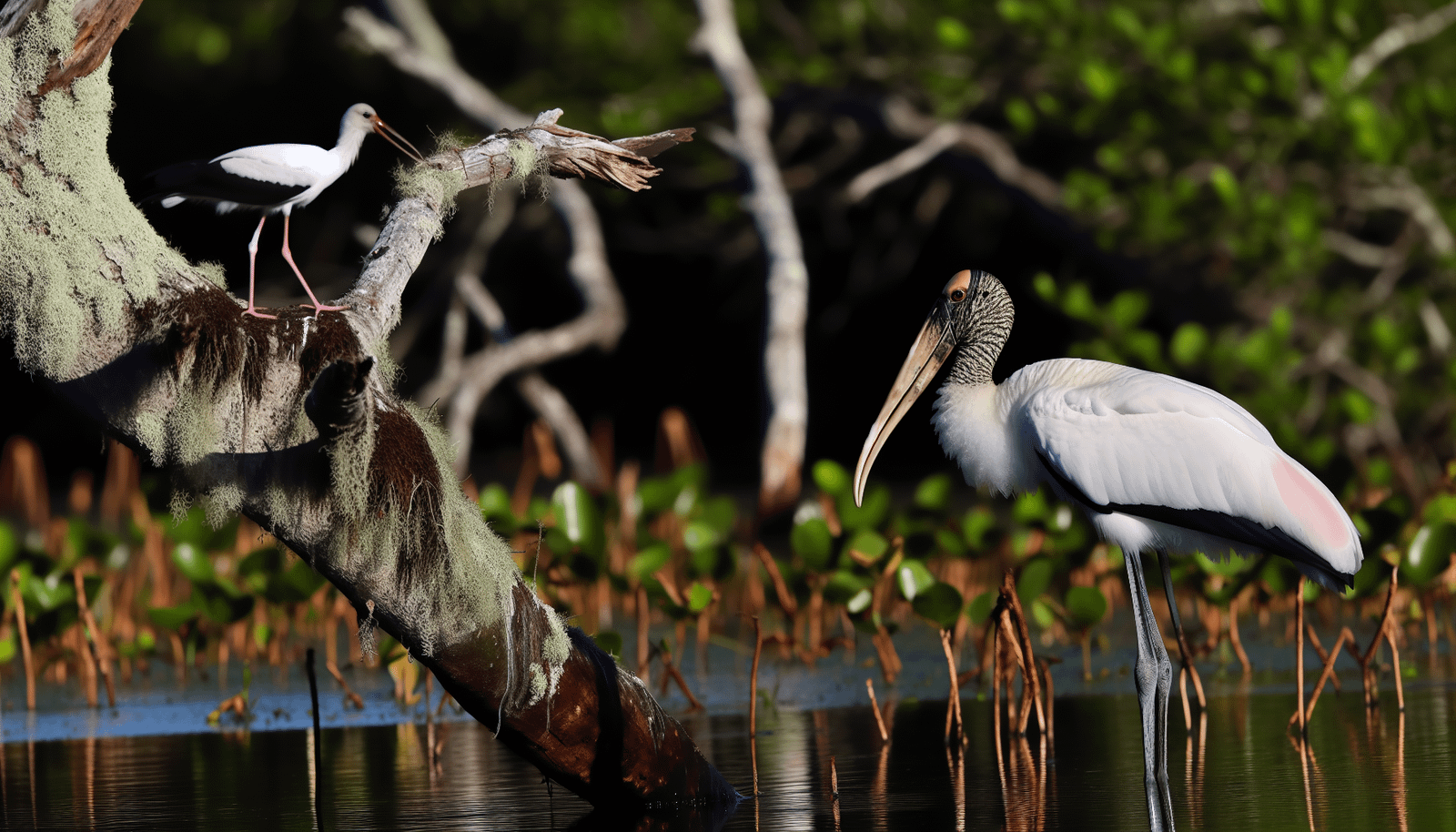 Photo of Wood Stork and Everglade Snail Kite in wetland habitat