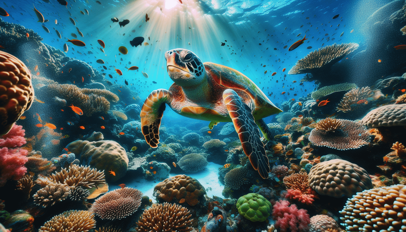 A sea turtle gracefully swimming through a coral reef ecosystem