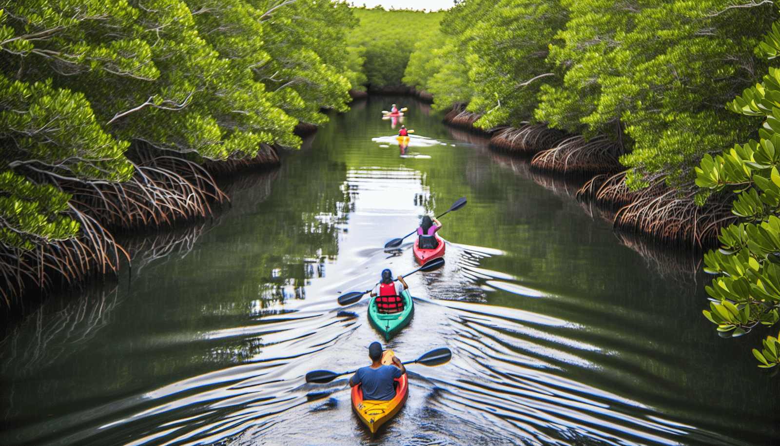 Kayakers exploring the winding waterways through mangrove forests