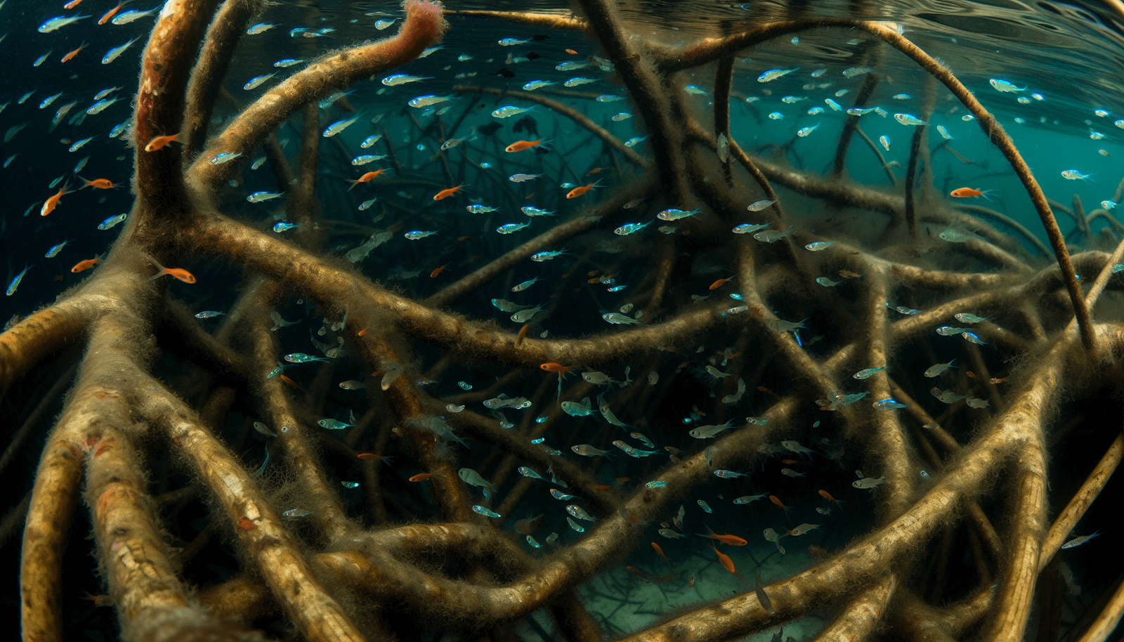 Underwater view of juvenile fish swimming among mangrove roots
