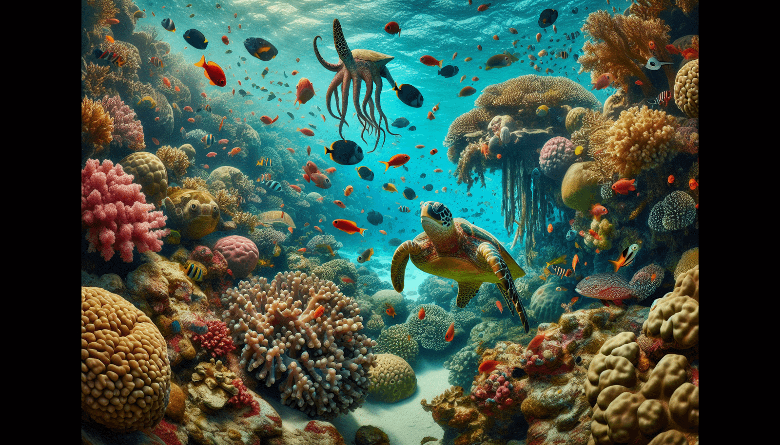 A diverse coral reef ecosystem with various species of fish, invertebrates, and marine mammals