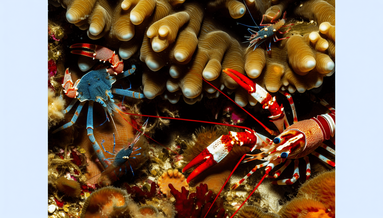Colorful crustaceans, including crabs and shrimp, scavenging on a coral reef