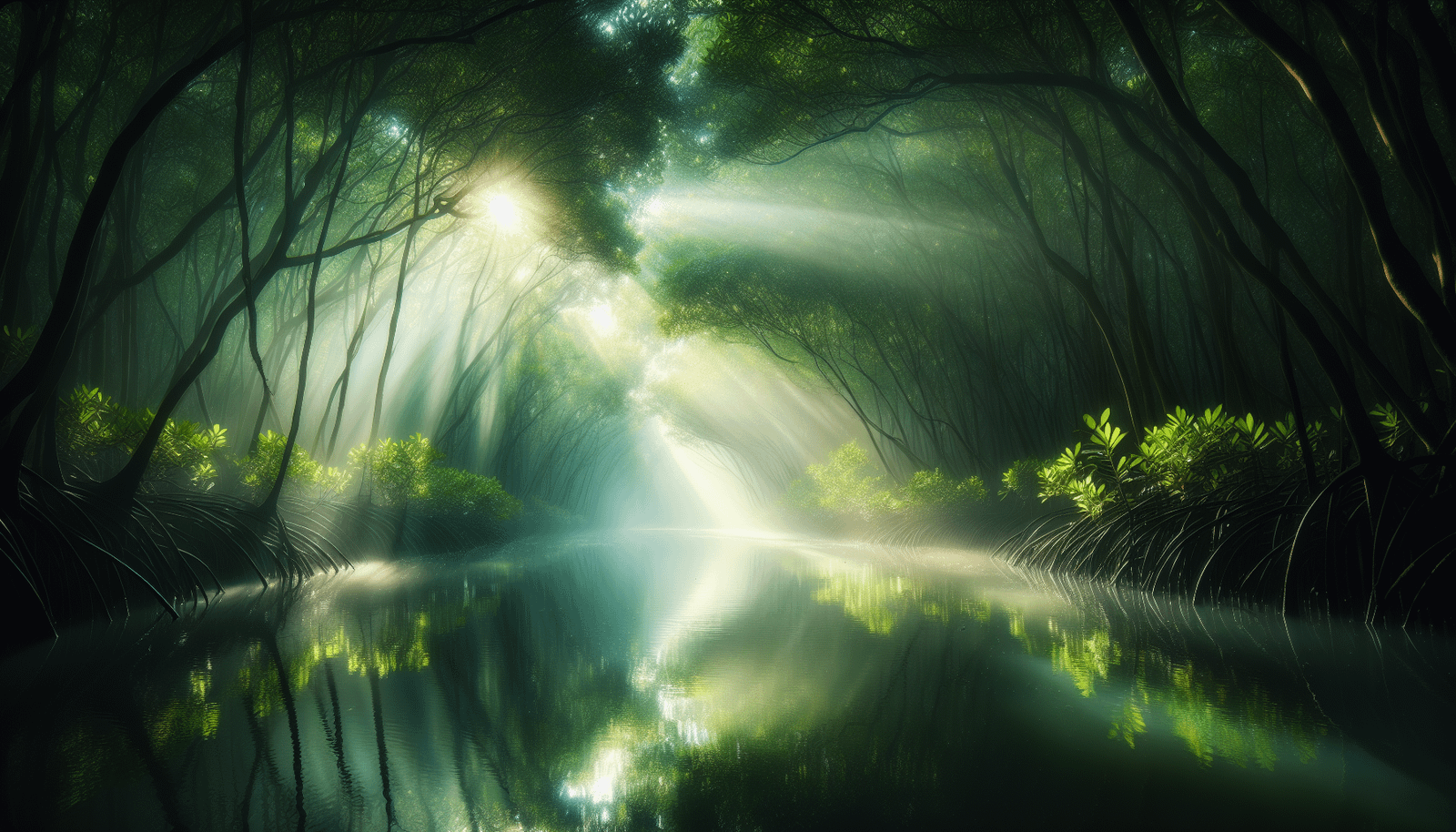 A serene mangrove tunnel with sunlight filtering through the trees