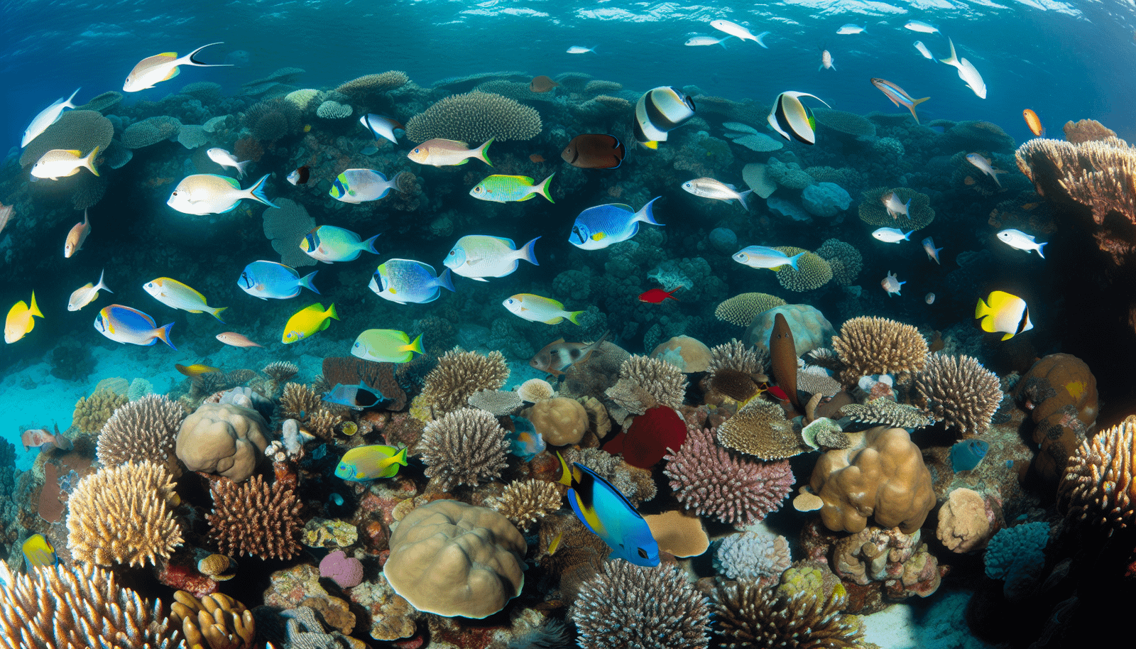 Colorful tropical fish swimming among coral reefs in warm tropical waters
