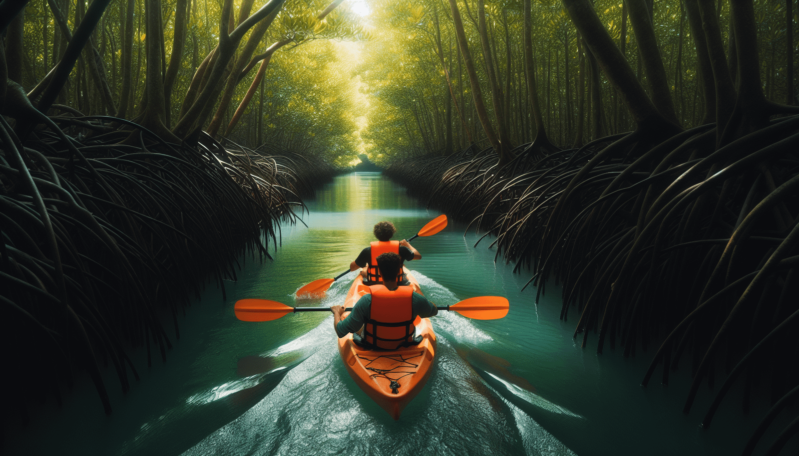 Kayakers paddling through winding mangrove creeks