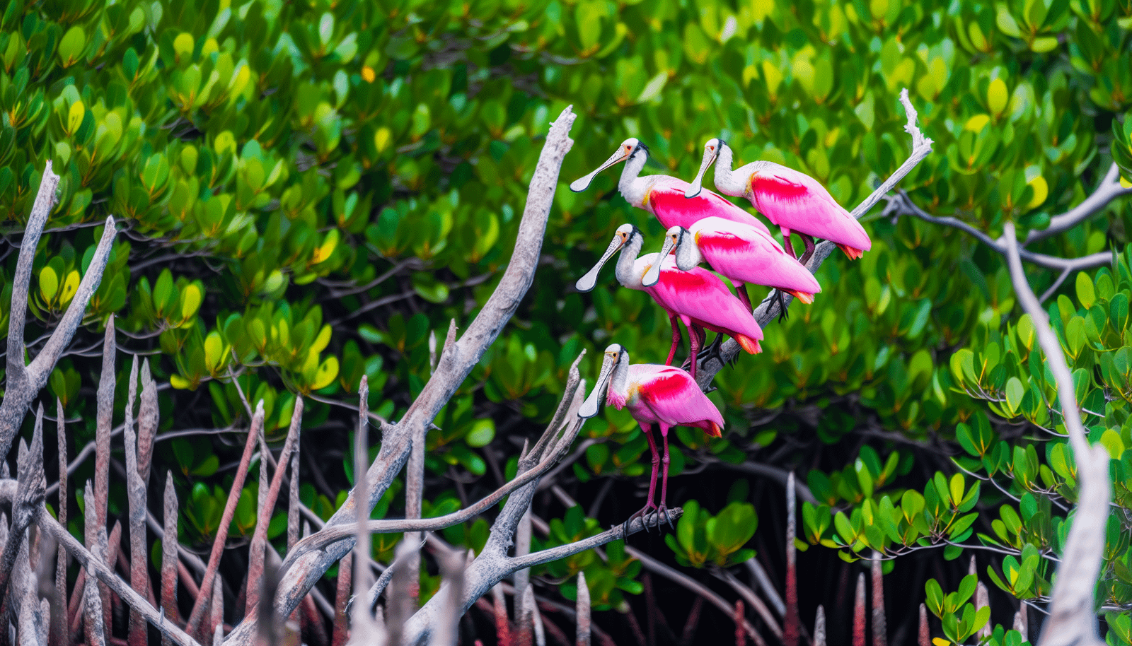 Colorful roseate spoonbills perched on mangrove branches